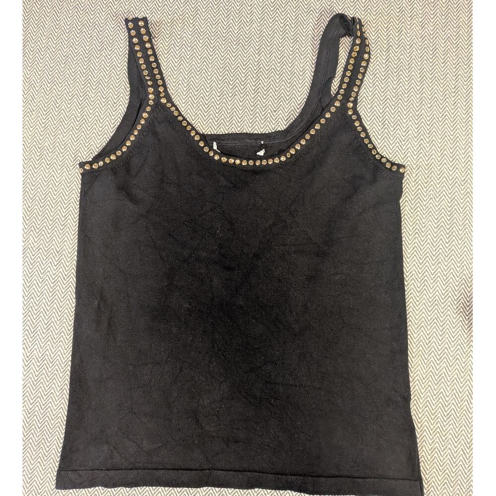 Michael Kors Silk Blend Black Scoop Neck Tank Gold Stud Edgy Glam Rocker